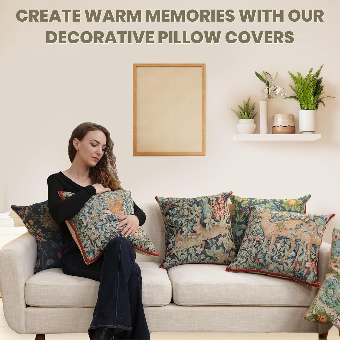 Charlotte Home Furnishings Decorative Tapestry Pillow Cover 19x19 in, Green Does Couch Throw Pillow Cover, French Country Square Cushion Cases for Living Room Home Decor, Soft Cotton Jacquard Woven