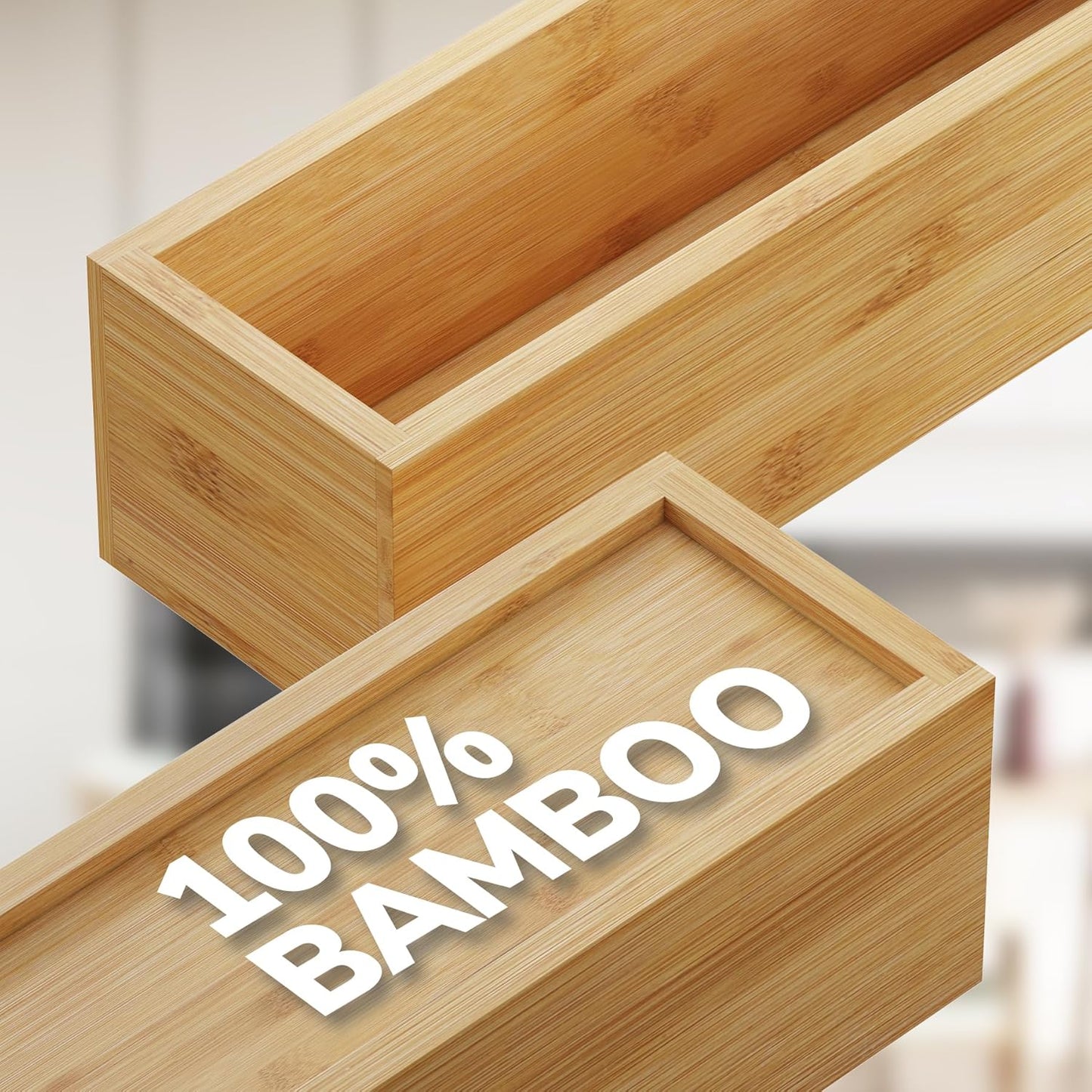 BAMEOS 3-Piece Bamboo Drawer Organizer, Utensil Organizer for Drawer, Junk Drawer Organizer for Kitchen Bathroom, Dressing Room, Office, Pantry (Natural)