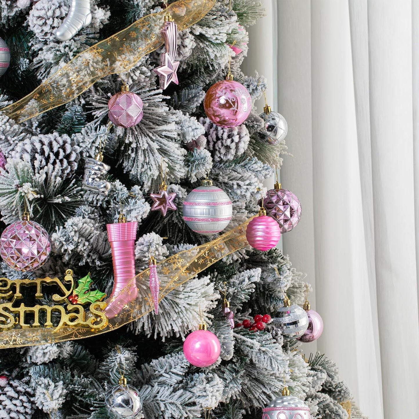 150PCS Pink and Silver Christmas Ornaments, Shatterproof Christmas Ball Ornaments Set, Assorted Christmas Baubles Hanging Decorations for Xmas Tree Home Festival Party Wedding (Pink & Silver)
