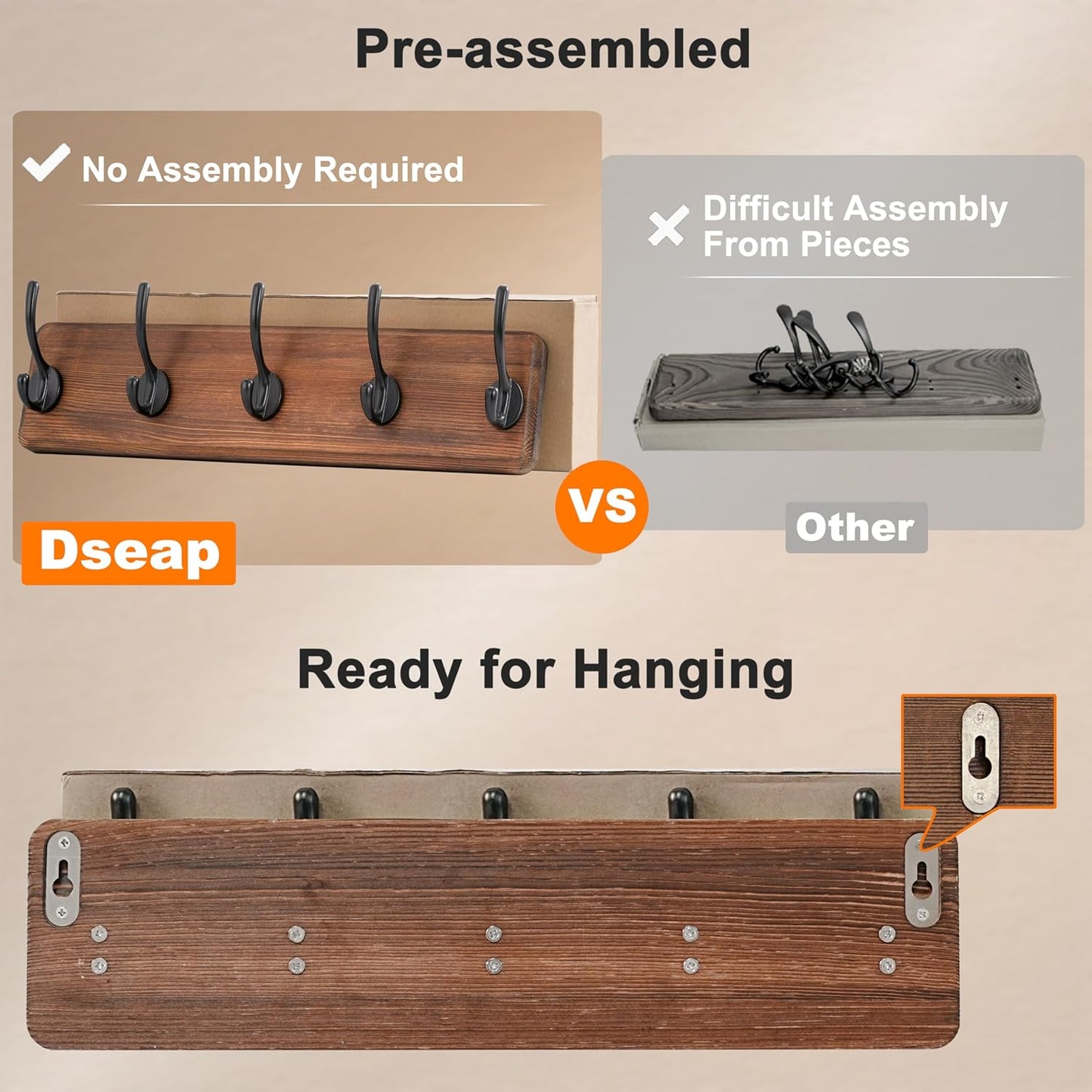 Dseap Coat Rack Wall: Patented, Heavy-Duty, 5-Double-Hooks Wooden Wall Mounted Coat Rack Coat Hanger Hook Rail for Winter Coats Hat Jacket Clothing, Light Brown