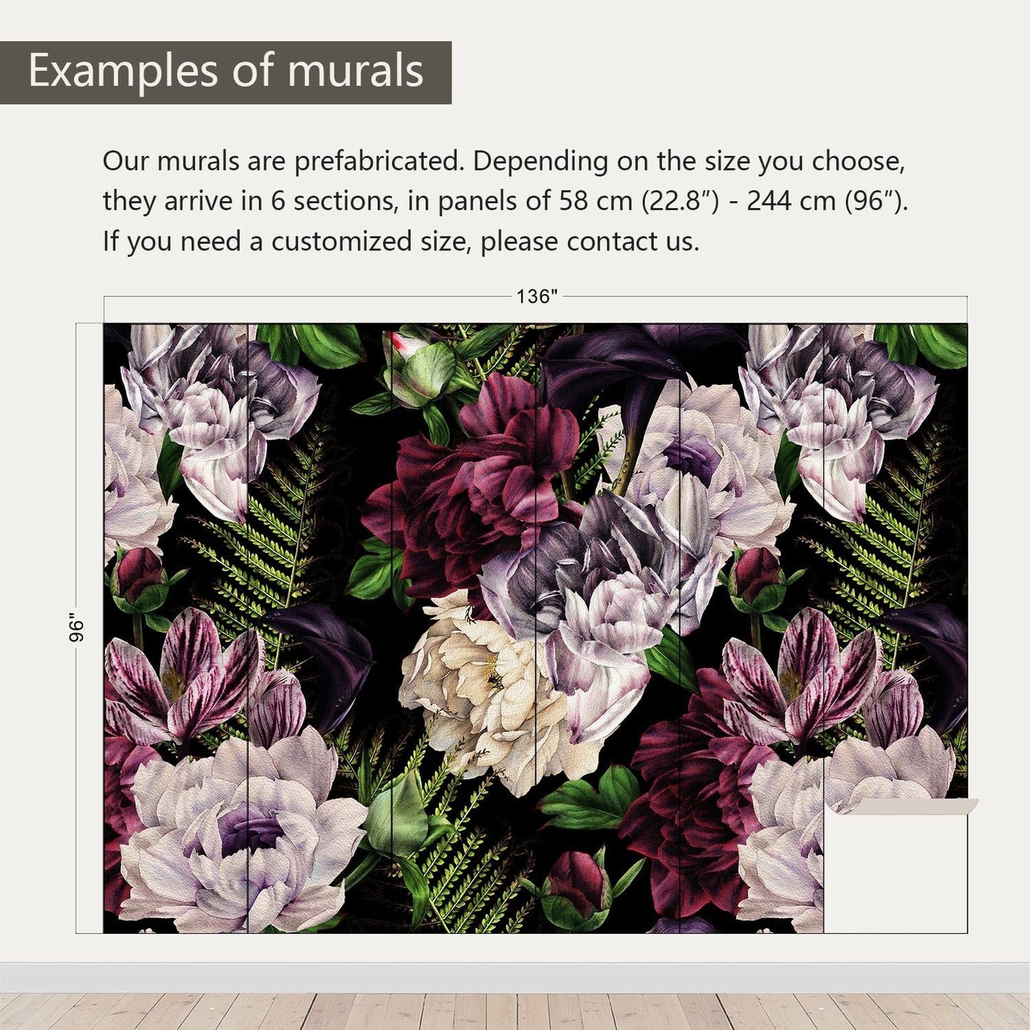 AFZEVEB-Purple Peony Wallpaper Watercolor Floral Wall Mural for Bedroom 136"x96"(Not Peel and Stick)