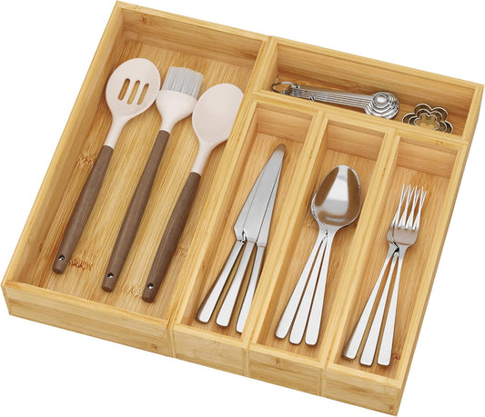 BAMEOS Utensil Drawer Organizer, 5 Slots Silverware Organizers for Kitchen Drawers, Bamboo Flatware Organizer for Knives Cutlery Spoons Forks (Natural)
