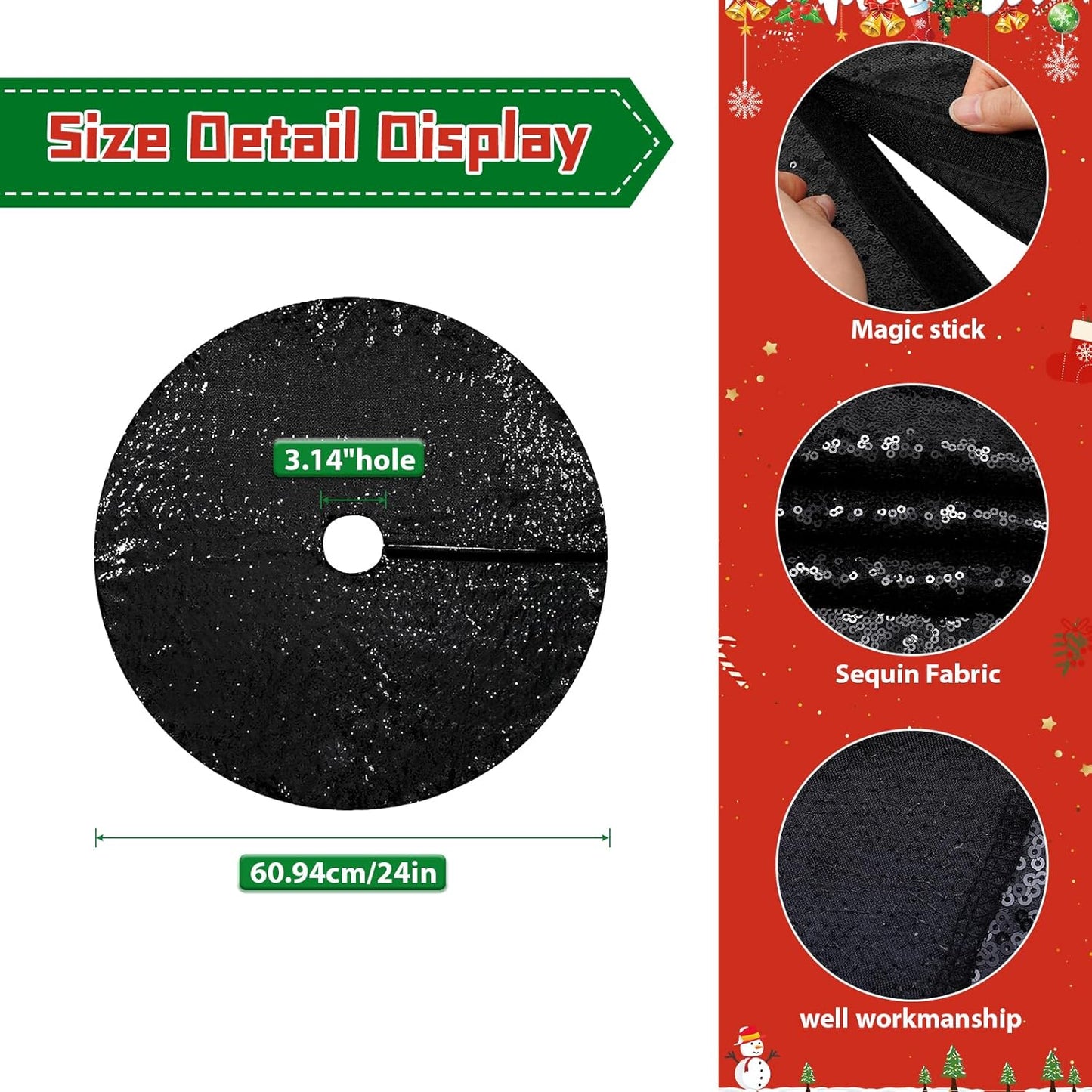 Eternal Beauty Christmas Tree Skirt, 24 Inch Black Halloween Sequin Tree Skirt Small Xmas Tree Skirt for Christmas Tree Decorations