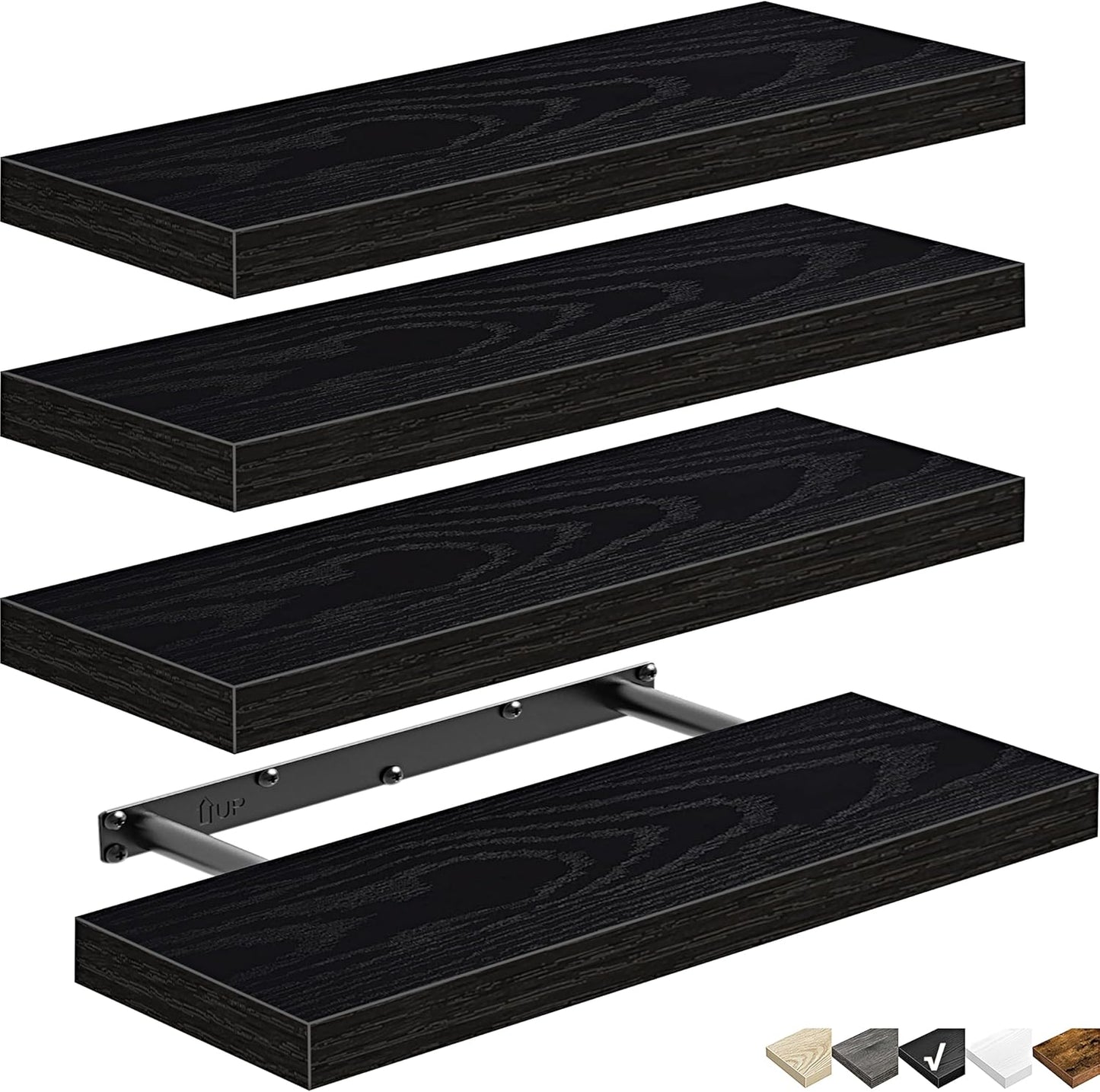 QEEIG Floating Shelves for Wall Bathroom Shelf Bedroom Kitchen Living Room Farmhouse Small Book Shelf 16 inch Set of 4, Black (015-B4)