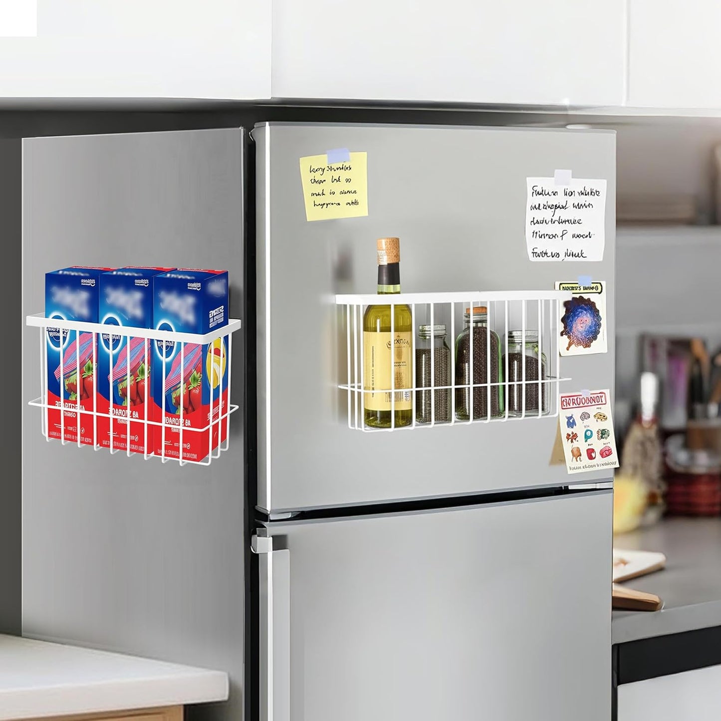 Magnetic Basket for Fridge, Magnetic Fridge Basket, Foil and Plastic Wrap Organizer with 4 hooks, Laundry Room Organization for Dryer Ball, Cling Film, Mail, Umbrella, White, 2 Pack