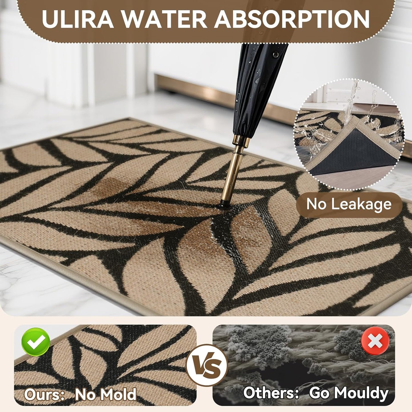 Front Door Mat Indoor Outdoor Entrance, 17''x30'' All-Season Waterproof Welcome Mat, Heavy Duty Non-Slip Rubber Backing, Patio Porch Doormat, Low Profile, Trap Dirt and Moisture, Brown