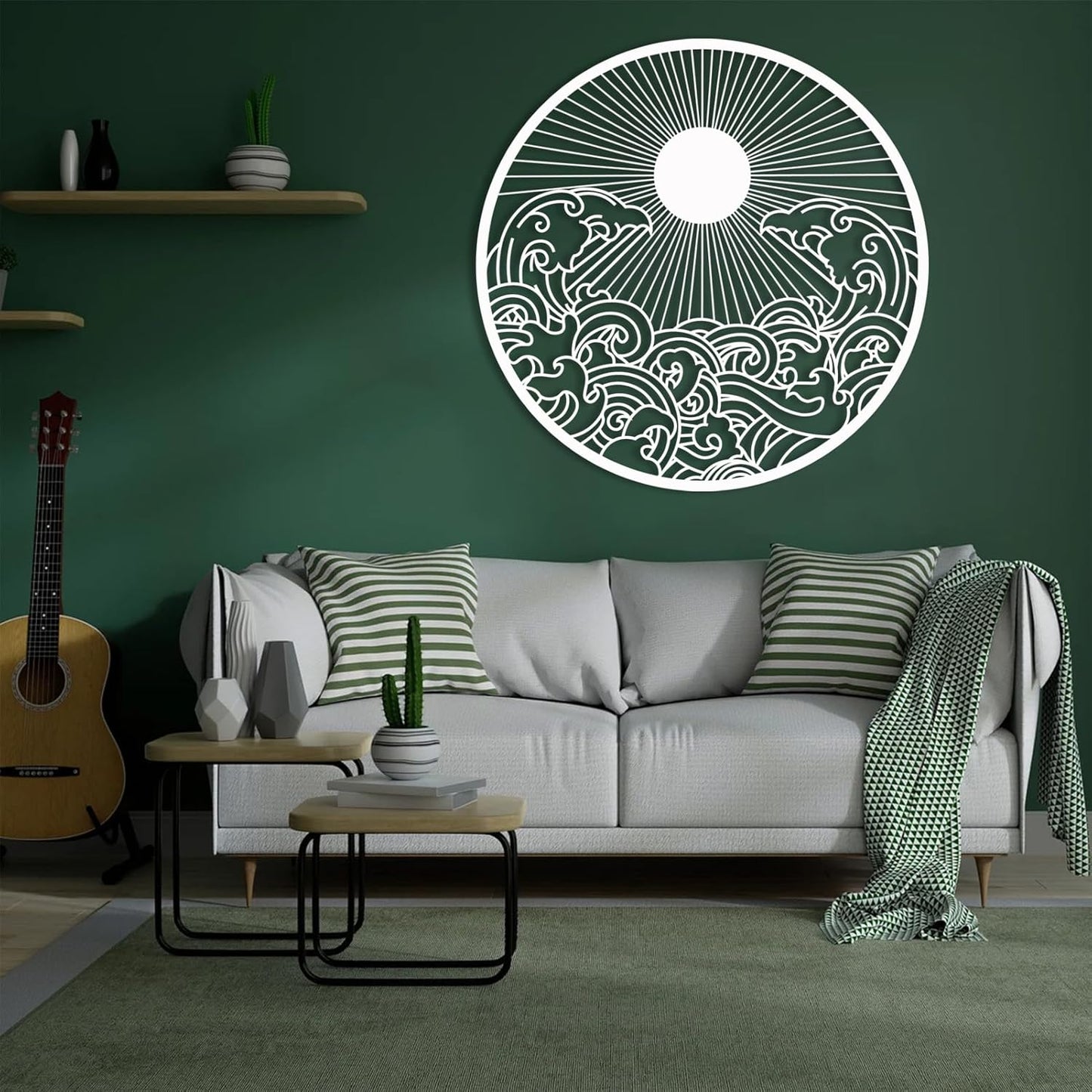 flyoak Metal Sun Wall Decor Outdoor, Sunrise Metal Wall Art, Metal Wave Wall Art, Sunrise and Wave Wall Decor, Sunburst Wall Art, Sunset Wall Art, Wall Hangings for Bedroom (White, 39x39in|100x100cm)