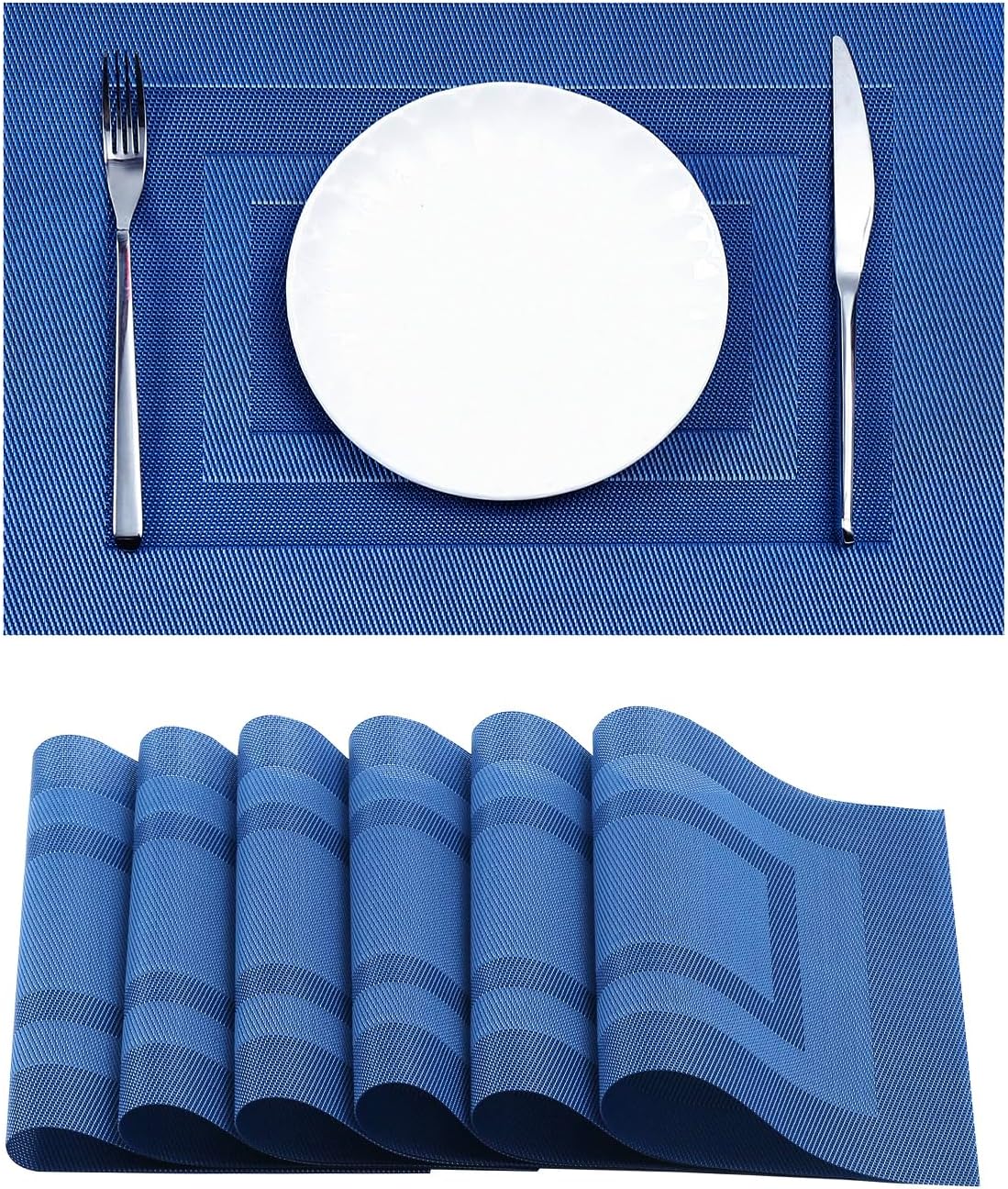 Leetaltree Blue Frame Placemats Set of 6 - Heat Resistant Non-Slip Place mats for Dining Table, Washable Durable PVC Vinyl Woven Table Mats（Blue Frame, 6）
