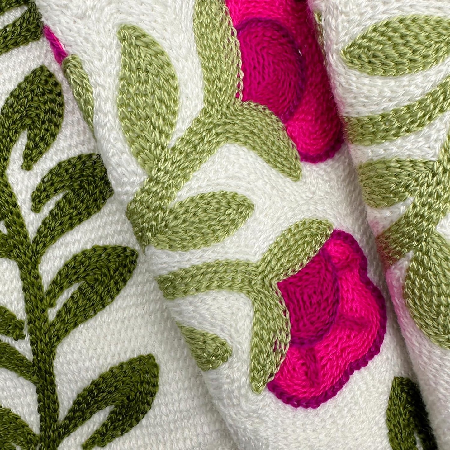 Alysheer Summer Decorative Throw Pillow Covers 18"x 18" Set of 2, Floral Embroidered Farmhouse Hot Pink Flowers Green Vine Patterned Cotton Canvas Cushion Case for Sofa Couch Bed Living Room Decor
