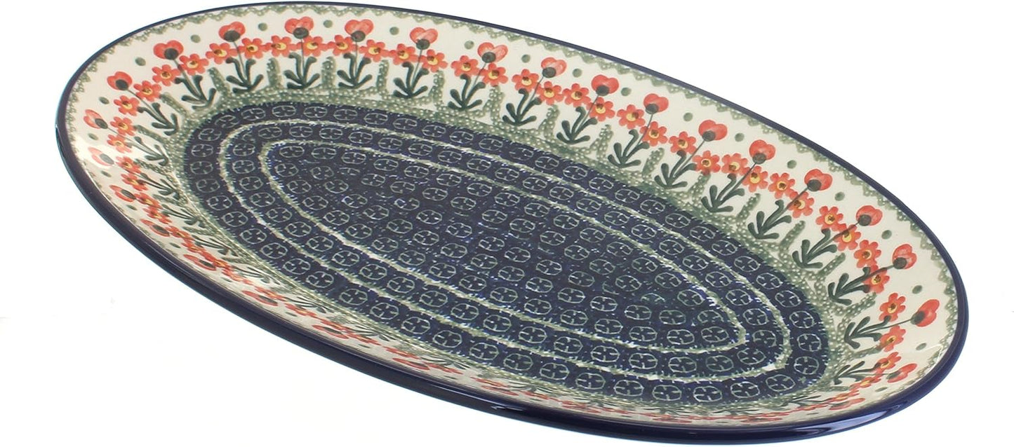 Blue Rose Polish Pottery Peach Posy Oval Platter