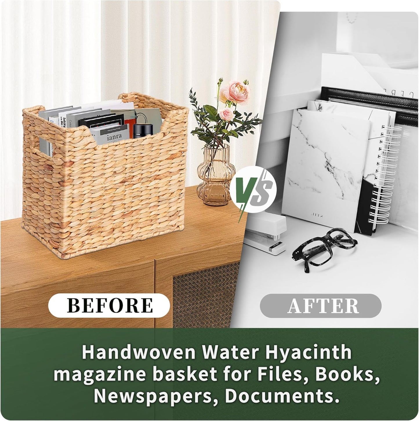 Magazines Holders, Handwoven Magazine Basket for Bathroom, Water Hyacinth Wicker Magazine Rack for Books, Files, Newspapers, Rectangular, 14.2 x 11.4 x 6.7 inch