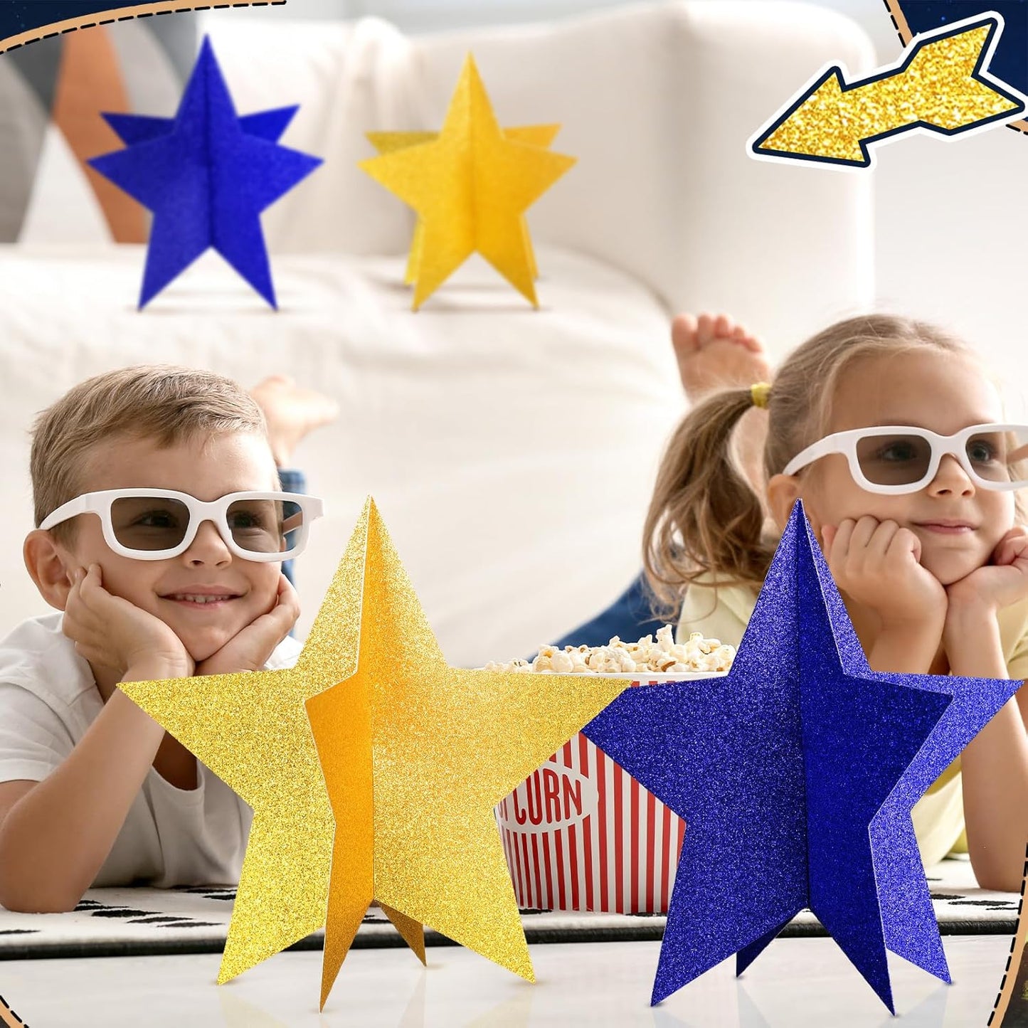 45 Pcs 3D Star Centerpieces Movie Night Decorations for Table in 3 Sizes Hanging Supplies for Red Carpet Film Show Theme Birthday New Year Party First Day of School Table Decor(Blue, Gold)