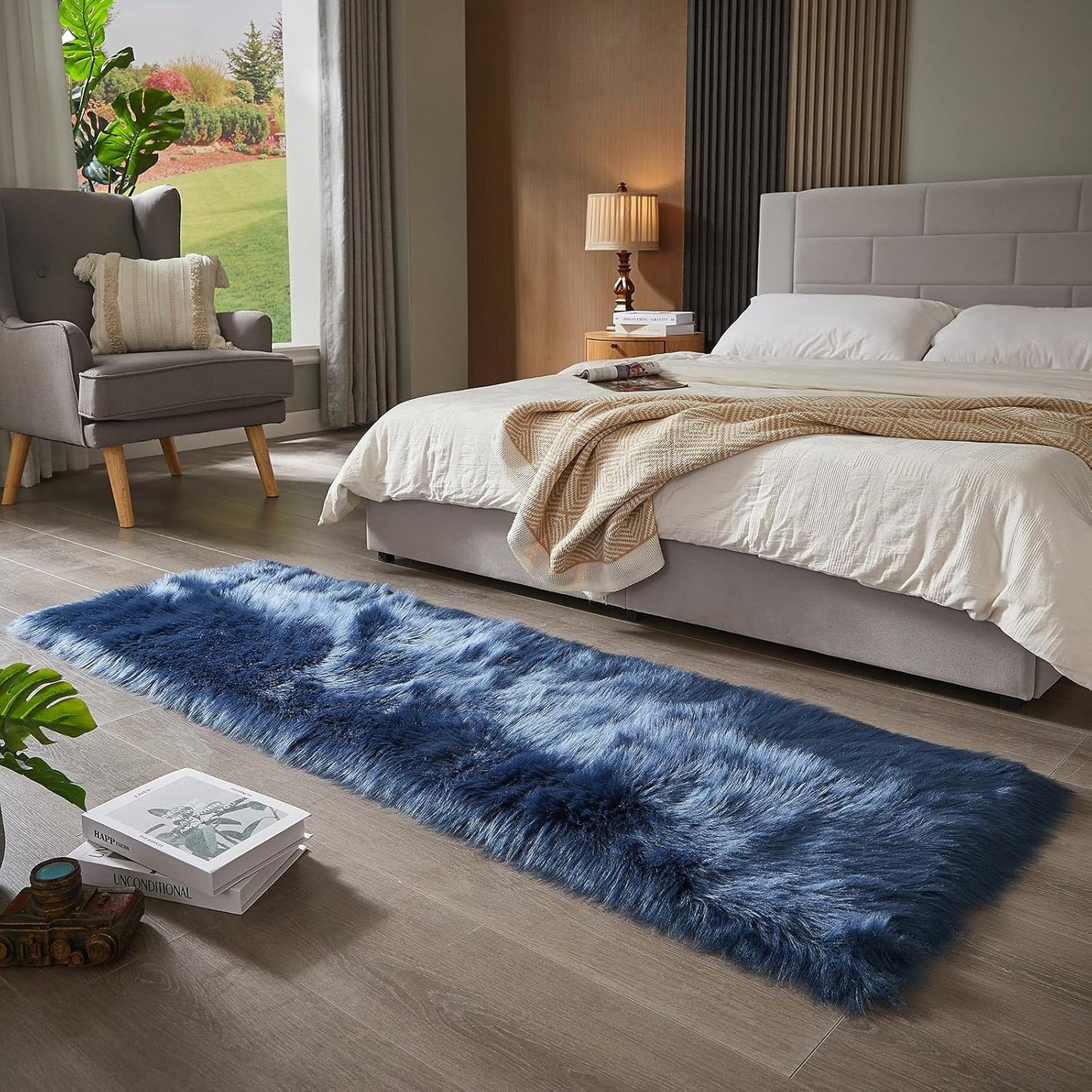 AMTOVO Faux Fur Rug, Dark Blue Ultra Soft Fluffy Shag Sheepskin Rug, 2 x 6 ft Runner Area Rugs for Bedroom Sofa Throw Cushion Room Decor, Rectangle