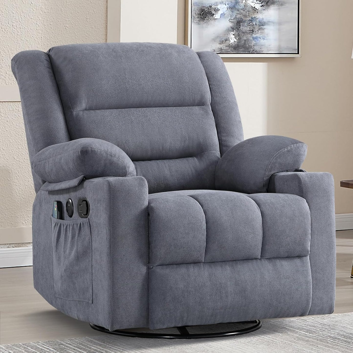 Rocker Recliner Chair with Heat and Massage, 360° Swivel Recliner Chairs for Adults, Heavy Duty Reclining Sofa Chair with USB Port Cup Holders Side Pockets for Living Room (Grey)