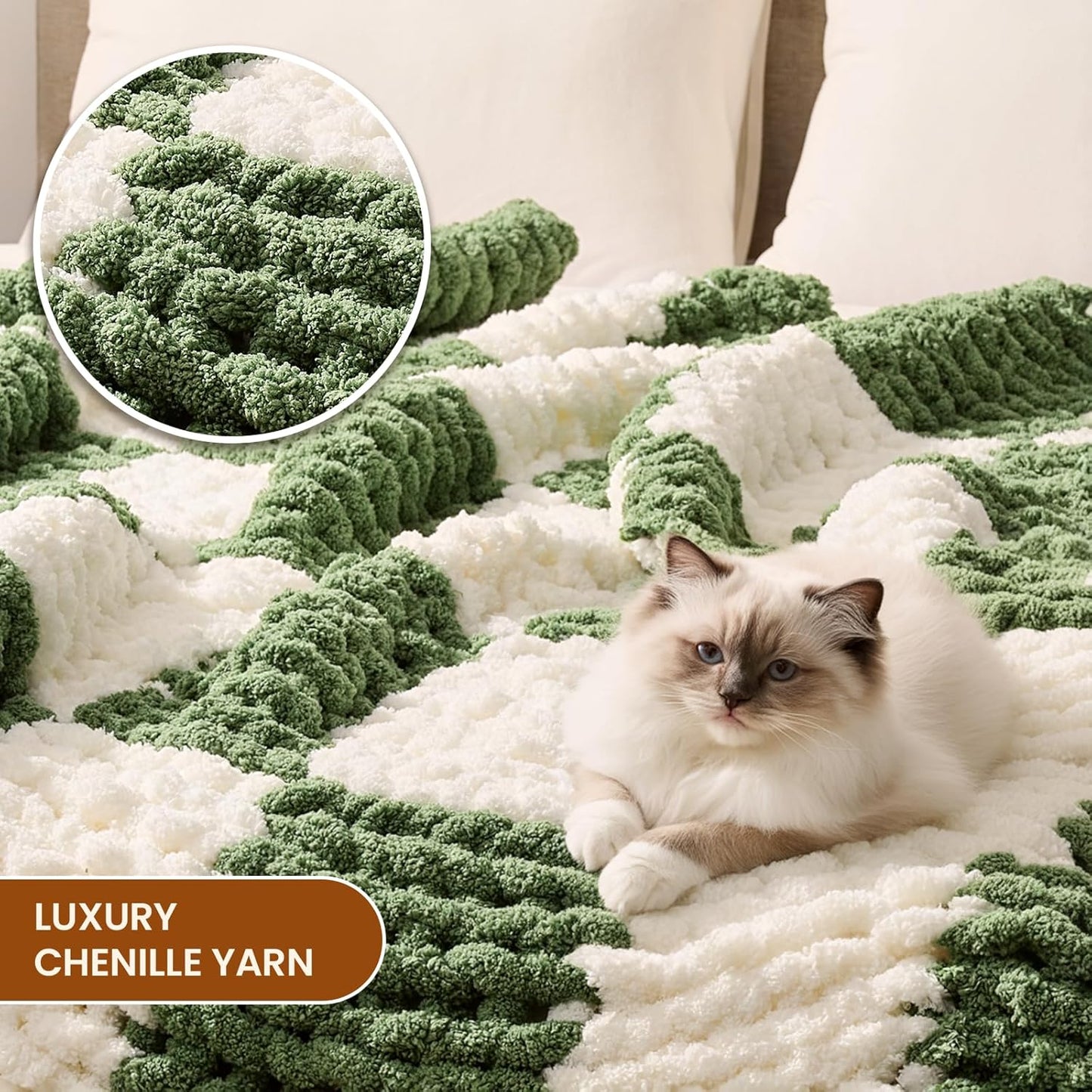L'AGRATY Chunky Knit Blanket Throw: 60''x80'' Chenille Chunky Knitted Throw Blankets for Twin Bed Couch - Handmade Thick Cable Knit Blanket - Large Crochet Blankets for Home Decor(Green Checkered)