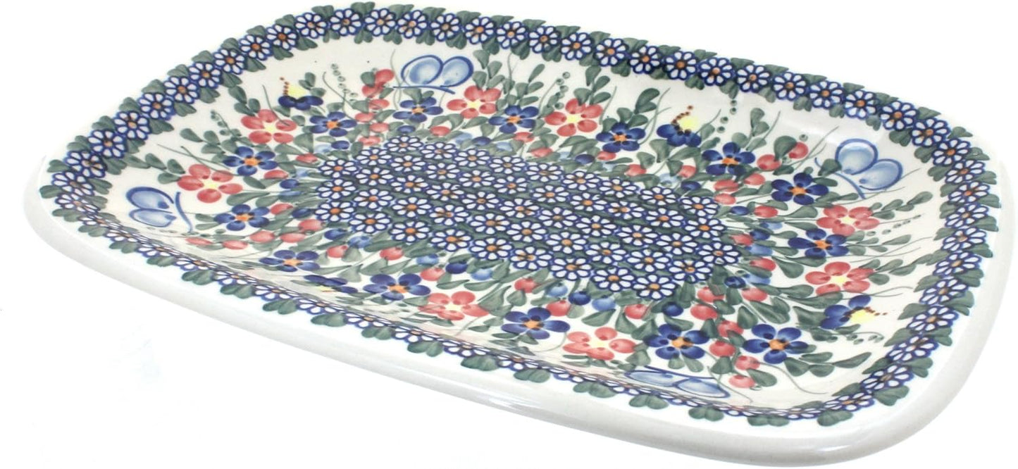 Blue Rose Polish Pottery Garden Butterfly Large Rectangular Serving Platter
