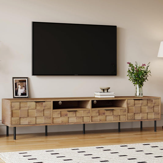 Modern TV Stand for TVs up to 85", Mid-Century Media Console with Checkered Cabinet Doors, Storage Drawers & Open Shelves, Wood Entertainment Center with Metal Legs