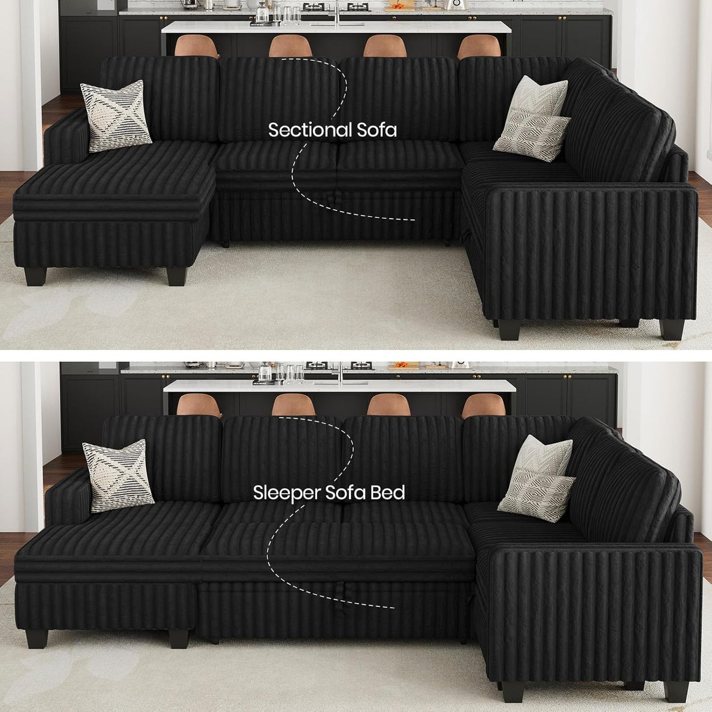 Belffin Corduroy Sleeper Sofa Bed with Storage Chaise Modular Sectional Sofa Couch with Pull Out Bed L Shaped Sectional Couches for Living Room Black Couch