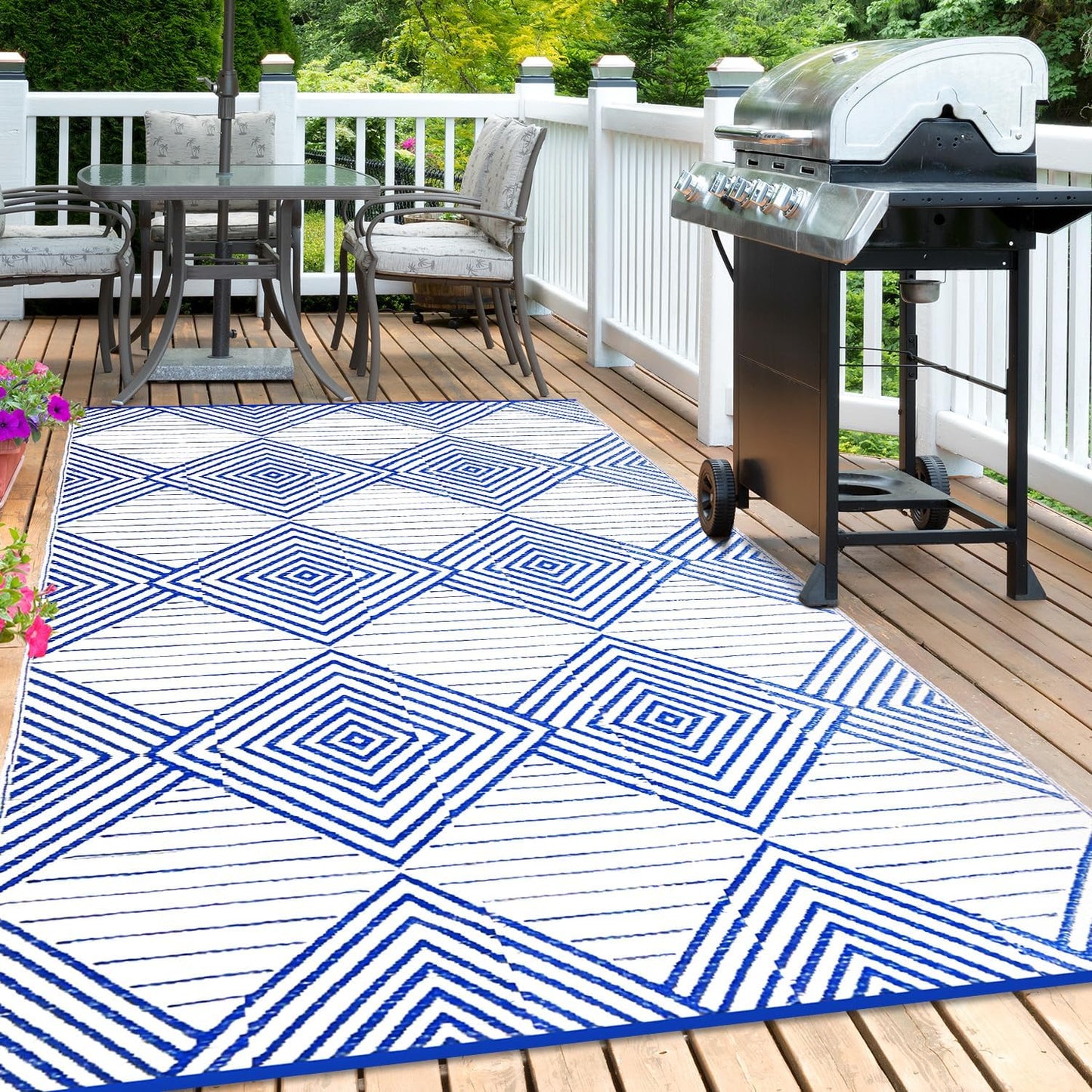 Waterproof Outdoor Rug 6x9ft, Foldable Reversible Plastic Straw Mat for Patio RV Deck Porch Backyard Balcony Camping Picnic Beach Indoor Outdoor Carpet, Blue&White