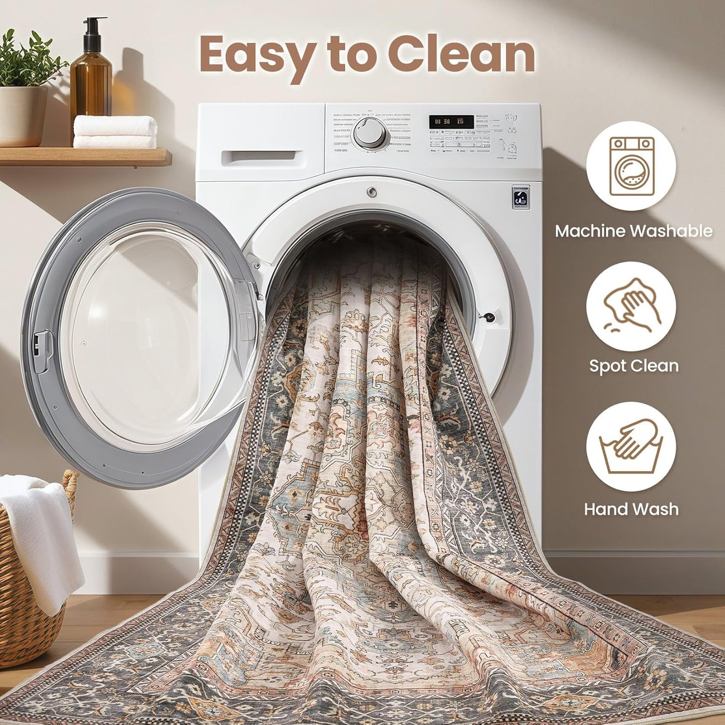 Washable Area Rugs for Living Room - 7x9 Neutral Vintage Distressed Floral Farmhouse Boho Large Soft Floor Rug Indoor Non Slip Carpet for Living Room Bedroom Dining Room Office - Forest Green Orange