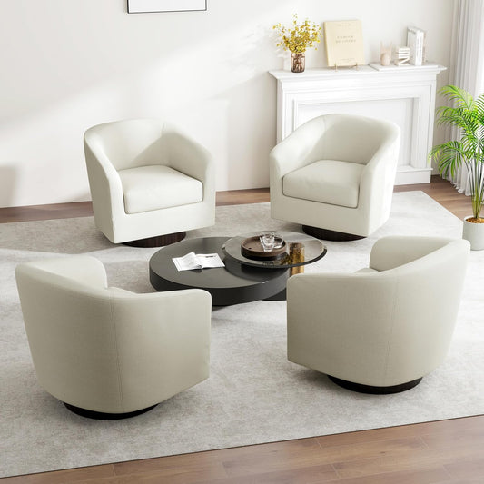 Swivel Barrel Accent Chair, Modern Round Linen Arm Chair for Living Room, Bedroom, Comfy Club Reading Chairs for Adults（Linen Fabric, Beige, Set of 4