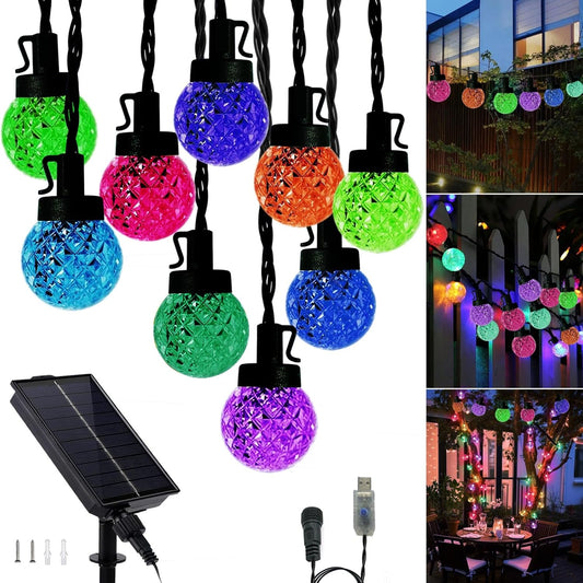 Solar LED String Lights for Outside,39.4FT 8Modes Crystal Globe Fairy String Lights Waterproof USB Plug for Garden Patio Christmas Tree Fence Indoor&Outdoor Party Decor(Pineapple Multicolor)