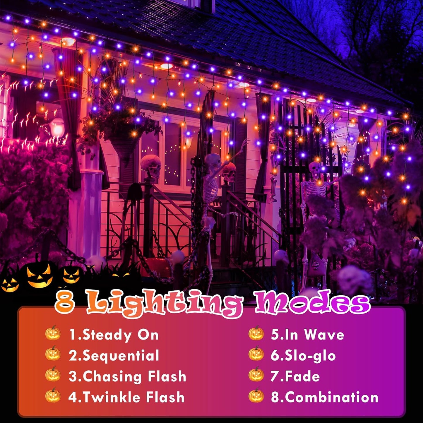 Halloween Lights Outdoor Decorations, 640 LED 66FT Orange and Purple Light, 8 Modes Plug in 120 Drops Ice String Lights with Timer Memory Function Hanging Light for Halloween Party Decor