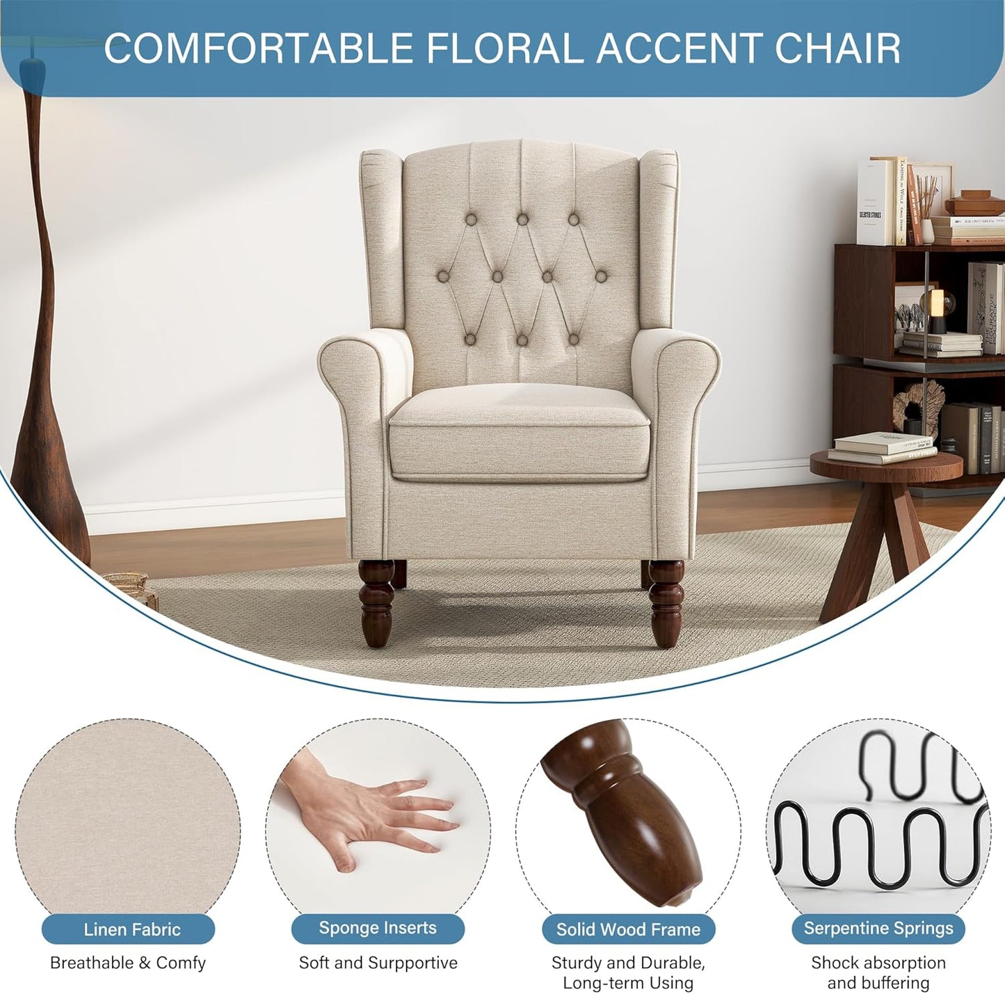 UIXE High Back Accent Chair, Upholstered Armchair in Fabric for Living Room, Retro Wingback Arm Chair Comfy Single Sofa Bedroom Reading Seat with Solid Wood Legs - Beige