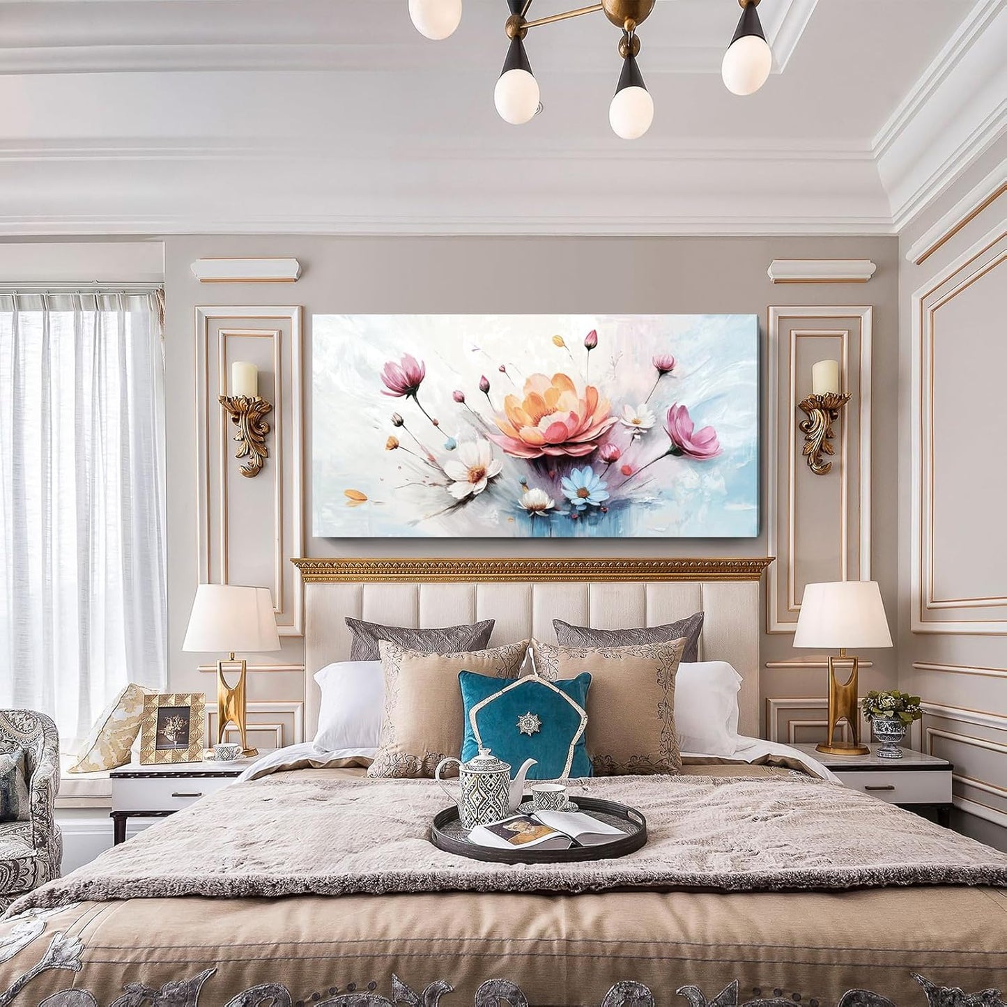 amatop Oversized Wall Art for Living Room Elegant Pink White Blue Floral Art Print Large Abstract Nature Botanical Picture Contemporary Garden Bloom Canvas Decoration Bedroom Office Hallway 58x29 inch