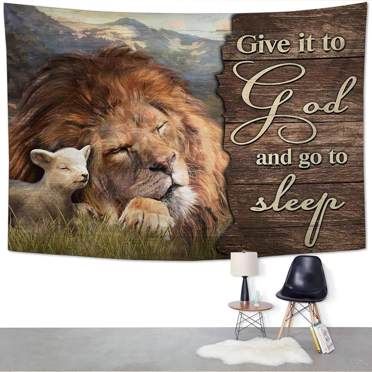 yowecso Lion and Lamb Tapestry Give It To God And Go To Sleep Tapestry Wall Hanging for Bedroom Christian Religious Tapestries Aesthetic Wall Decor for Home Dorm Living Room 40"x60"