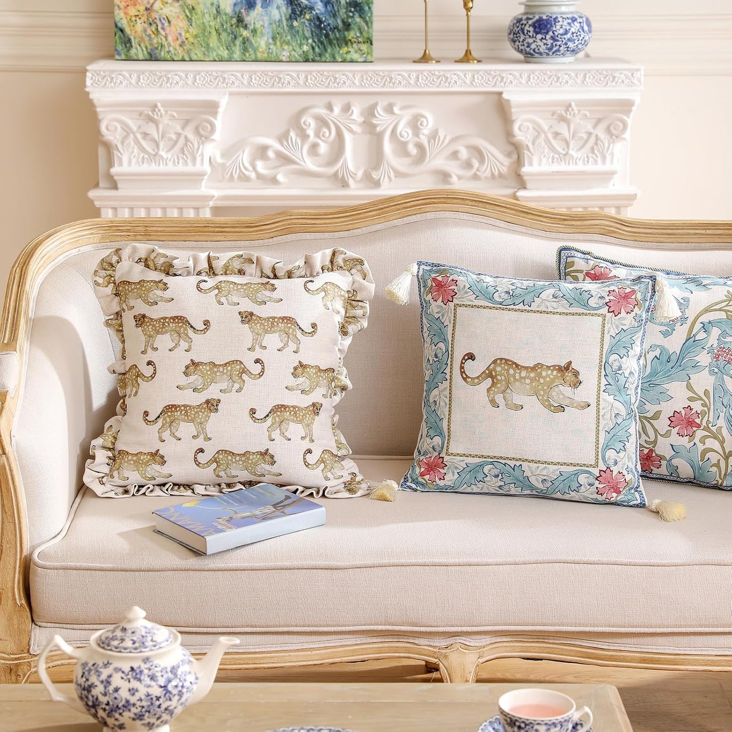 patdrea Designer Throw Pillow Covers for Couch,Vintage French Linen Pillows Cover with Cheetah Pattern and Luxury Pendant,Fall Farmhouse Decorative Pillowcases for Bed Living Room Outdoor Set of 4