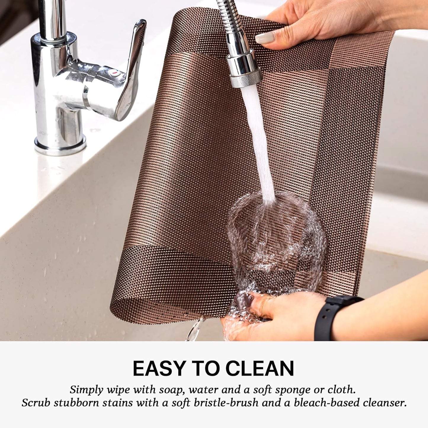 LEXMORE Placemats Set of 8 Vinyl/Plastic Woven Place Mats for Kitchen Table Indoor/Outdoor Washable Placemat Wipeable Dining Table Mats(Brown Cube)