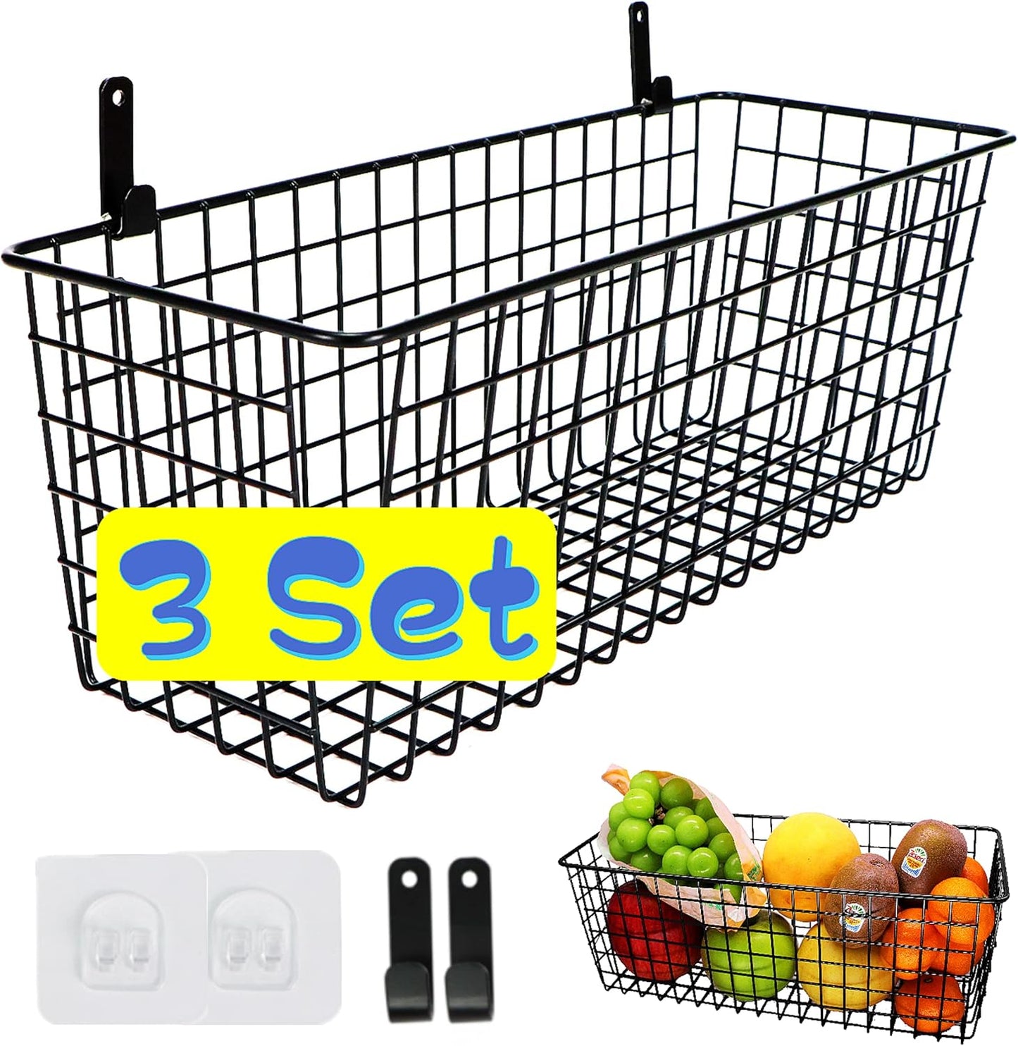 Joben Oligey 3 Set [Extra Large] Hanging Wall Baskets ,Wire Basket For Storage Pantry, Farmhouse Food Storage Kitchen Pantry Laundry Closet Garage RV ,Black