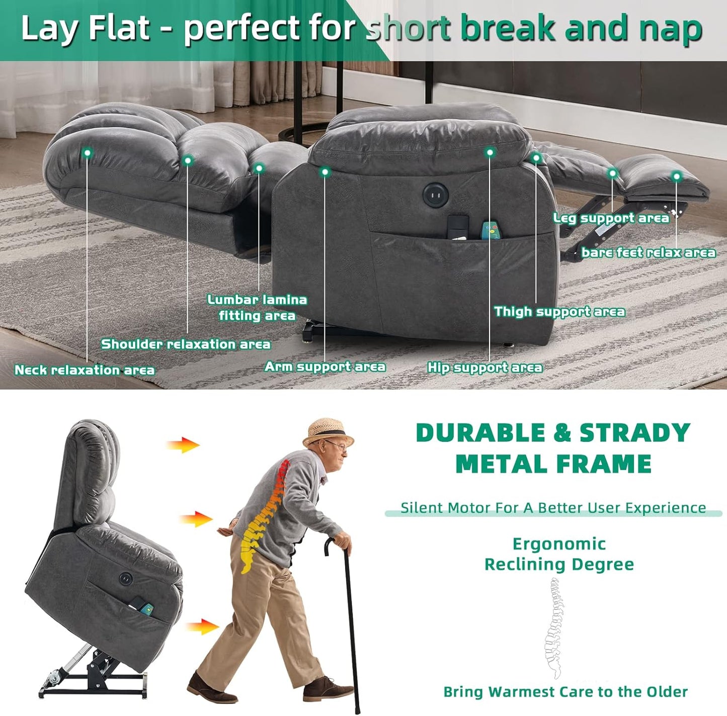 VIVIJASON Large Dual OKIN Motor Lay Flat Sleeper Lift Recliner Chair with Heat & Massage for Elderly, Infinite Position Electric Power Recliner with 2 Remote Controls, Side Pockets & USB Ports, Gray