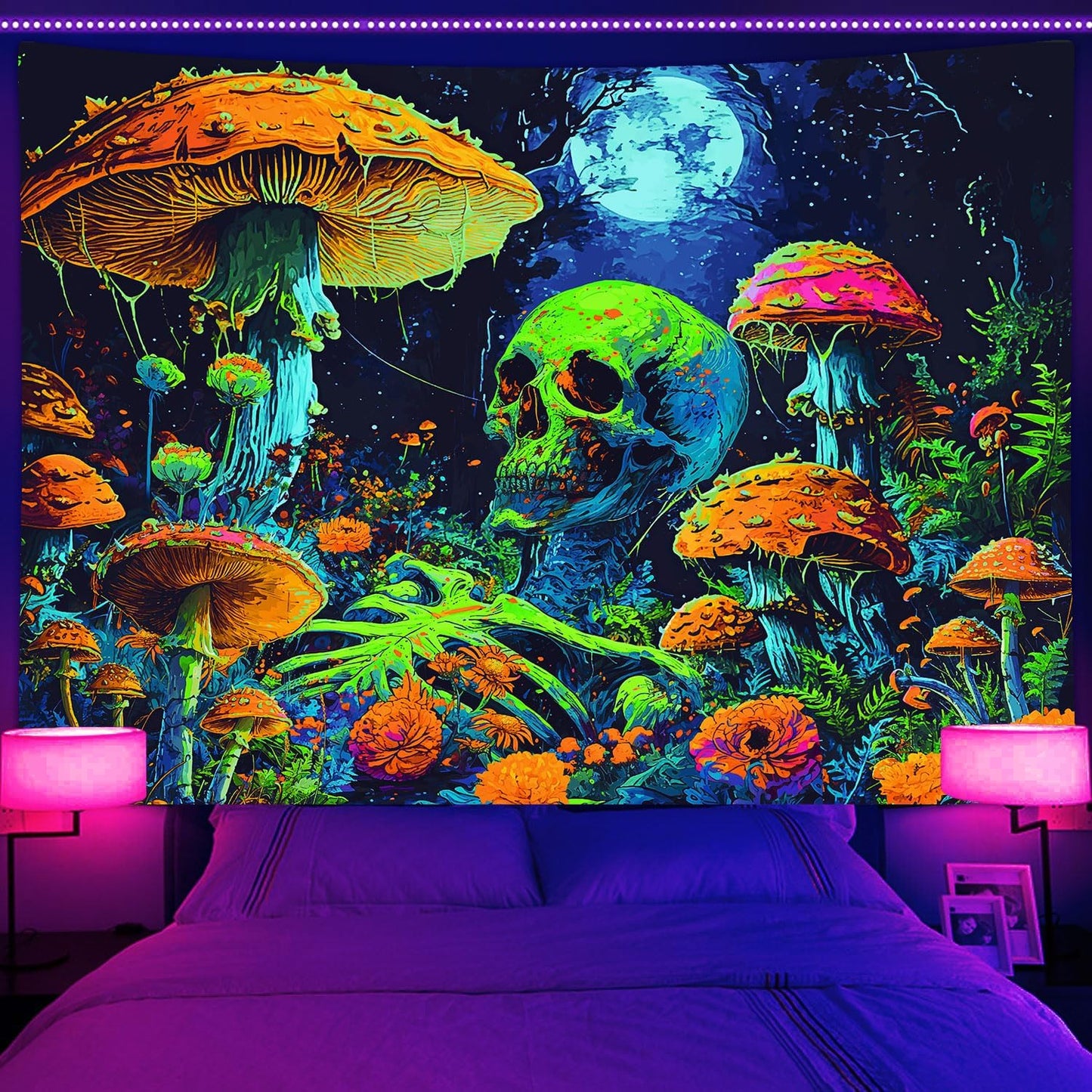 Xiaoput Blacklight Skull Tapestry, Black Light Skeleton Tapestry for Bedroom, UV Reactive Neon Gothic Tapestry for Men, Glow in Dark Trippy Forest Tapestry Wall Hanging for Home Decor,70X60IN