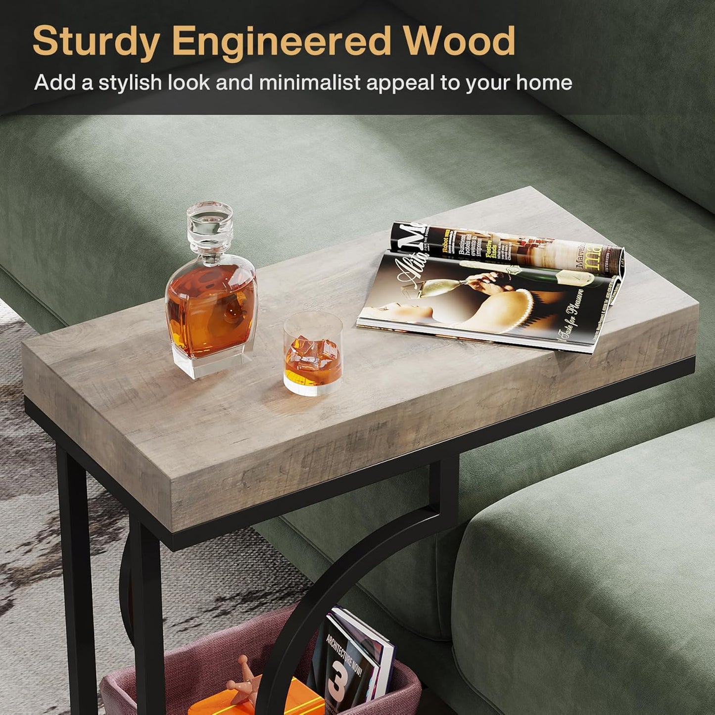 Tribesigns Narrow Side Table C Shaped End Table Modern Bedside Tables for Couch, Small Sofa Chairside Tables with Metal Frame for Living Room (1, Gray+Black)