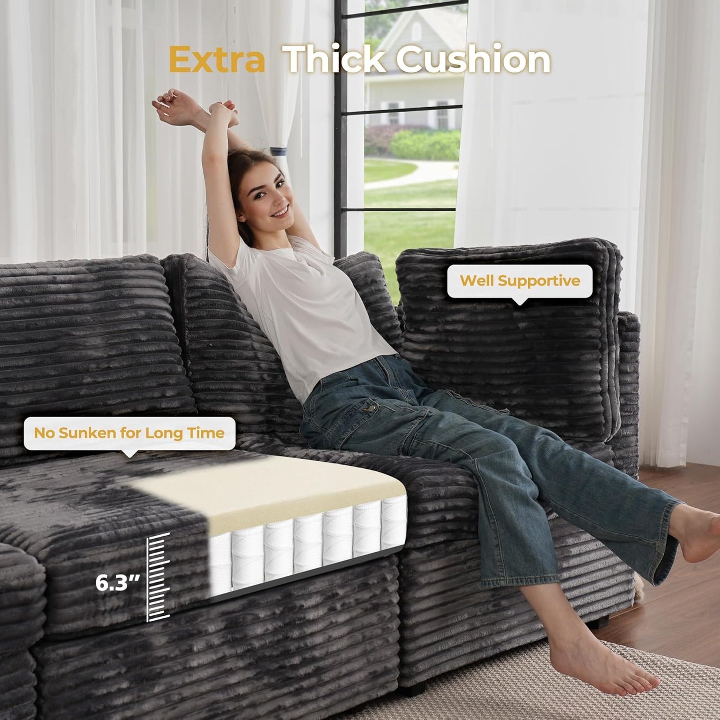 HOOOWOOO Modular Sectional Sofa,7 Pieces Sectional Couches for Living Room,131X98 U Shaped Cloud Couch Set(Grey Velvet Corduroy)