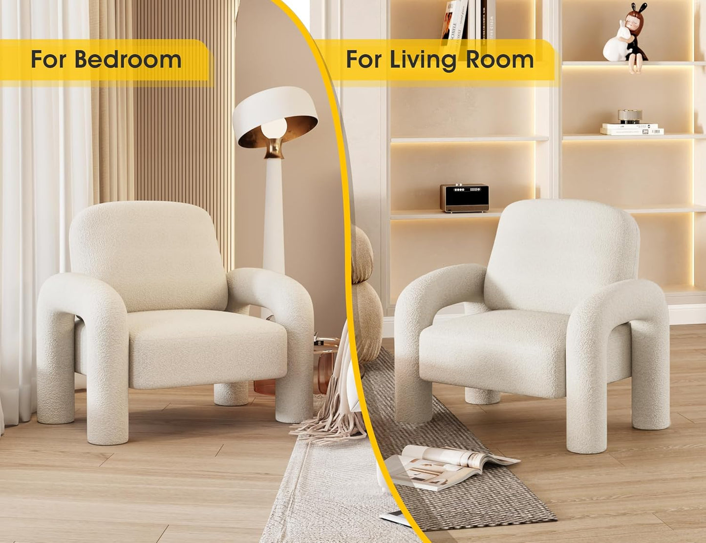 Modern Sherpa Accent Chair, Teddy Upholstered Arm Single Sofa, Cozy Fluffy Reading Chair for Living Room, Bedrooms, Corner (Cream White)