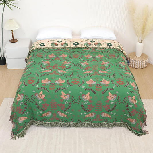 Boho Throw Blanket for Bed, 100% Pure Cotton Ultra Soft Rustic Quilt, Farmhouse Decor Bed Blankets, All Season Rustic Throw for Sofa Couch Chair(80''x 90'', Bird B)