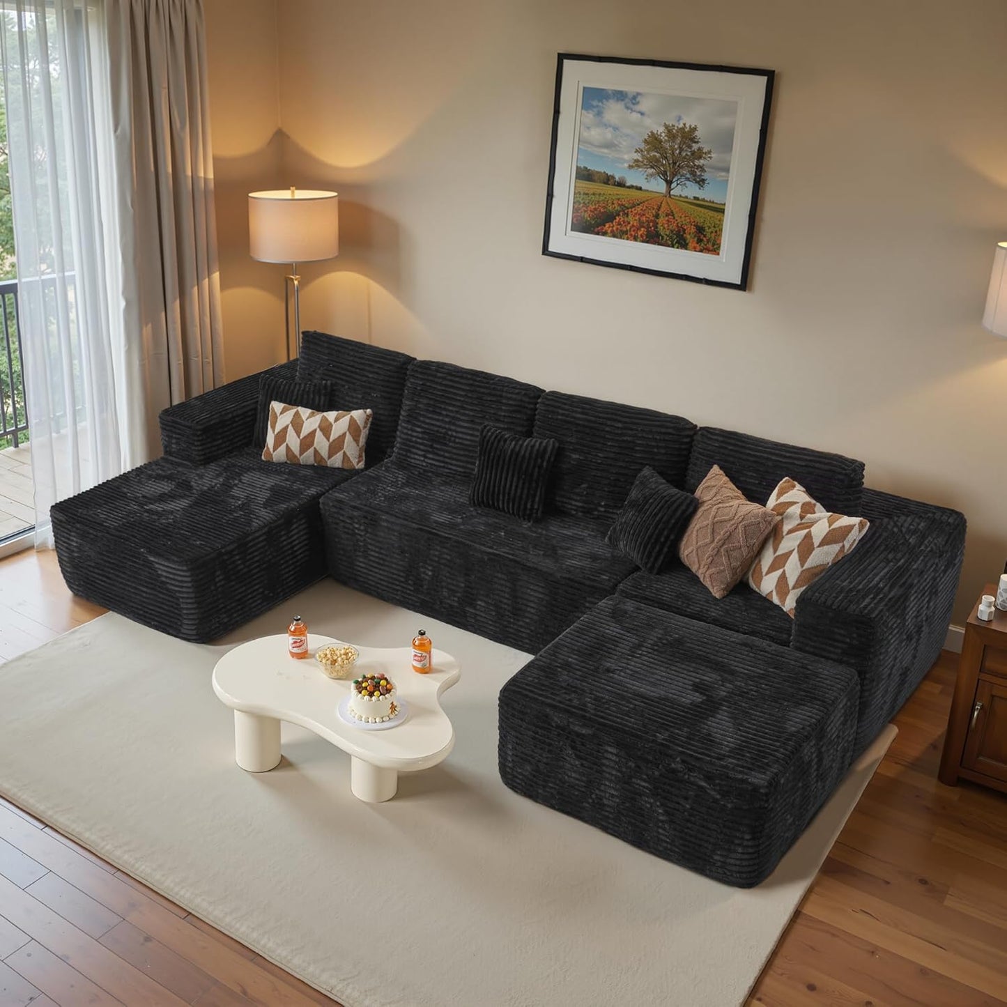 ovios Sectional Cloud Couch for Living Room, Modular Floor Sofa with Plush Corduroy, No Assembly Required, Big Comfy Couches Set with Fluffy Memory Foam, Stupendous U Shaped Sofas with Chaise, Beige