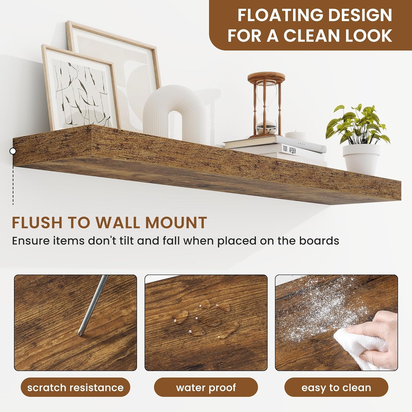 fuqing Floating Shelves for Wall, Bathroom Shelf Wall Mounted for Storage, Shelves with Invisible Bracket for Bedroom, Kitchen, Living Room, Farmhouse Small Book Shelf, 40 Inch Set of 2, Rustic Brown