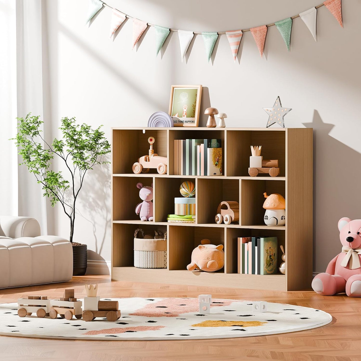 Cozy Castle Oak Bookshelf, 3-Tier Open Shelf Bookcase, 10 Cube Storage Organizer with Anti-Tilt Device, Freestanding Horizontal Bookshelf Cube Shelf for Bedroom, Living Room