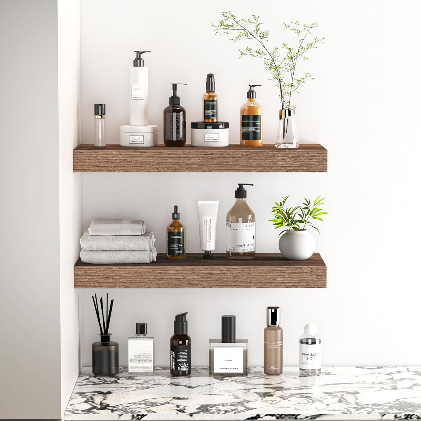 Fun Memories Floating Shelves - 16 Inch Wall Shelf for Decor & Storage - Wall Mounted Display Shelving with Invisible Heavy-Duty Metal Bracket 2Pack, Walnut