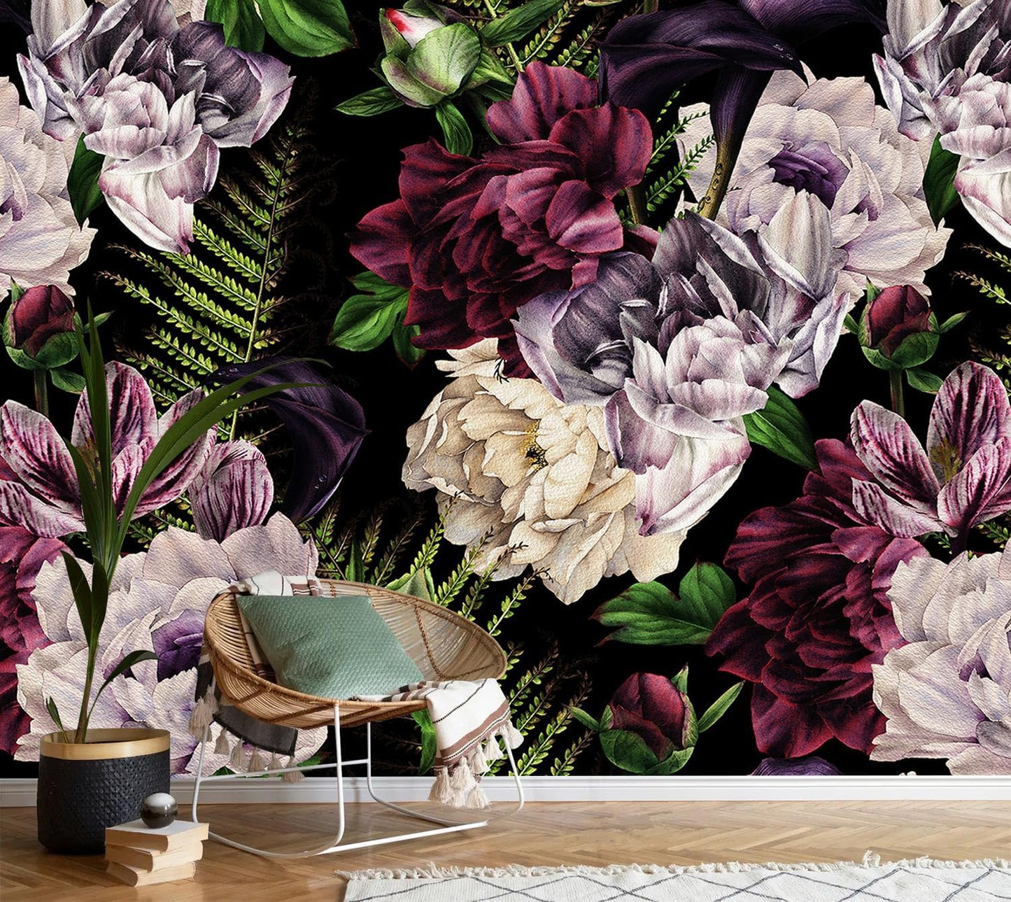 AFZEVEB-Purple Peony Wallpaper Watercolor Floral Wall Mural for Bedroom 159"x107"(Not Peel and Stick)