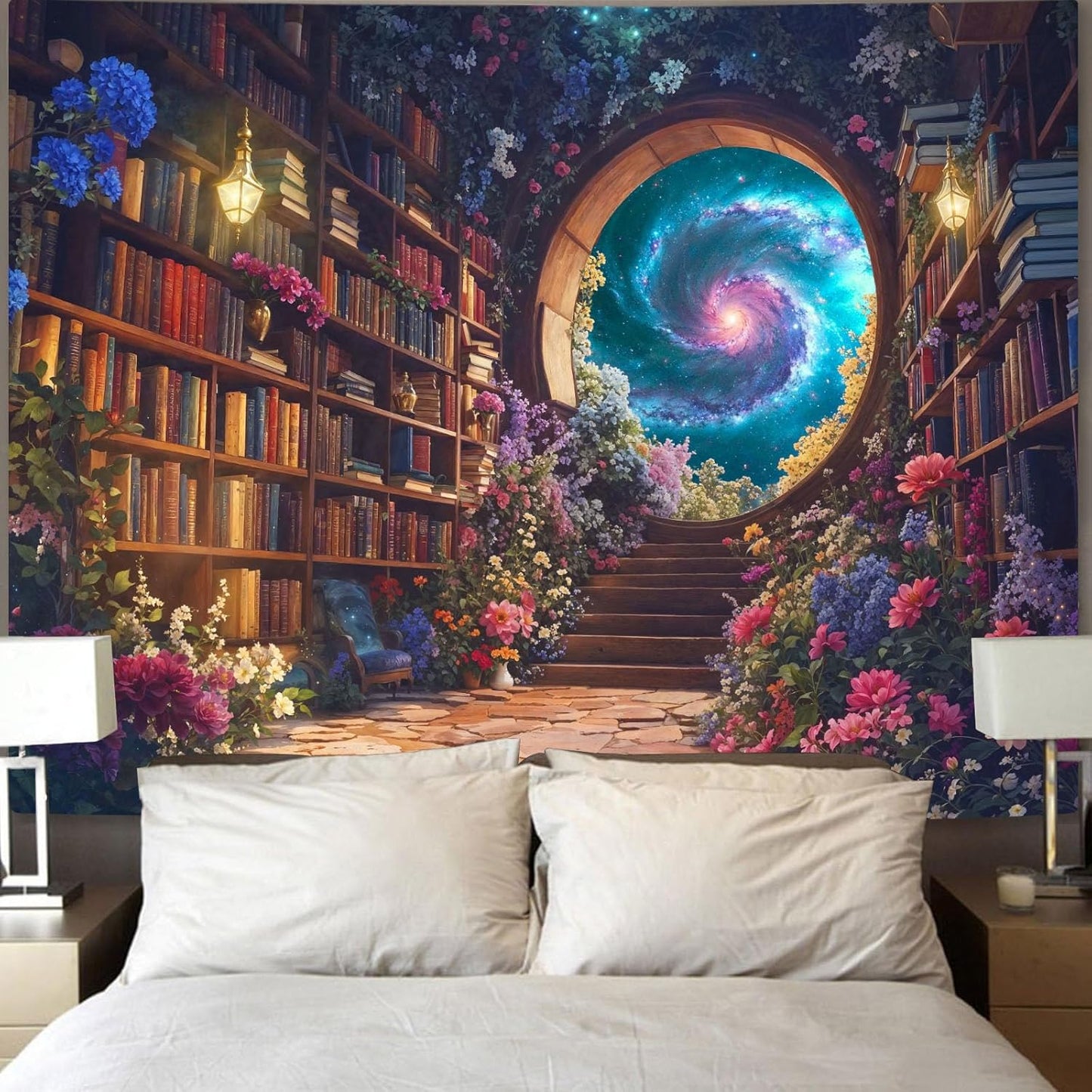 Accnicc Floral Bookshelf Tapestry Fantasy Library Tapestries Wall Hanging Vintage Plant Flower Book Extra Large Tapestry for Bedroom Living Room Dorm 90 x 68 inch