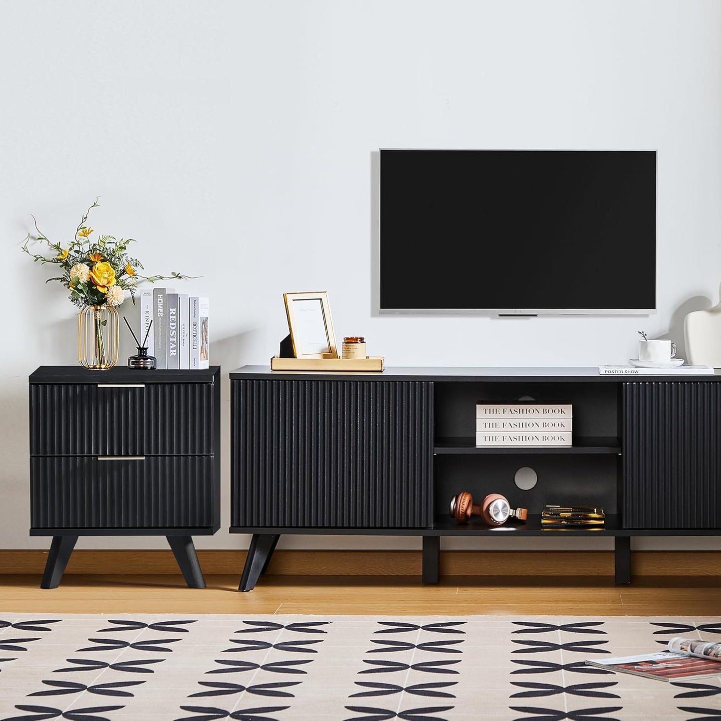 Fluted Nightstand Set of 2, Mid Century Modern 2 Drawer Dresser for Bedroom, Small Dresser Night Stand Side Table End Table with Wood Fluted Drawer Storage for Bedroom Closet(Black)