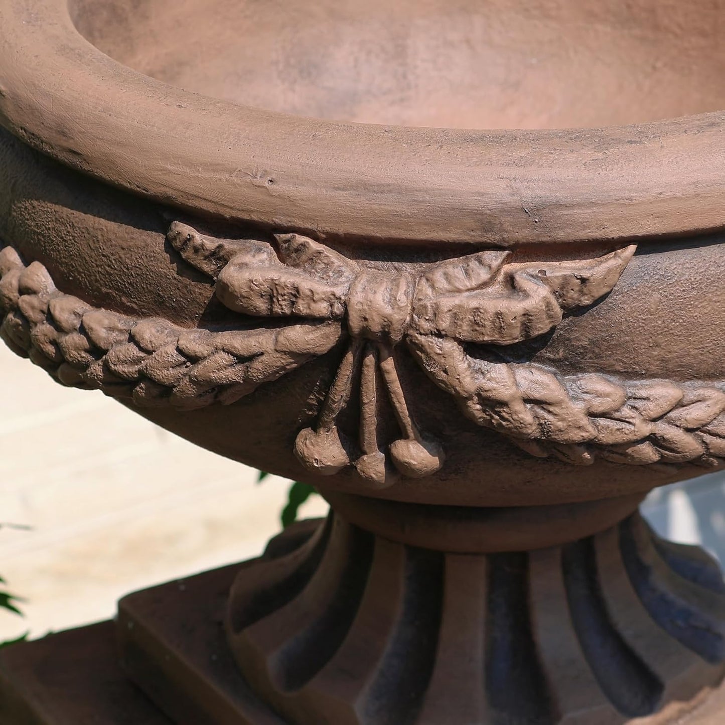 Vintage Garden Urn Planter with Pedestal, Cement and Fiber, Maked Bronze Color, Decorative Leaf Pattern, 30 Inch Height, Wrap Foam Safely Delivered from Local Warehouse (Bronze)