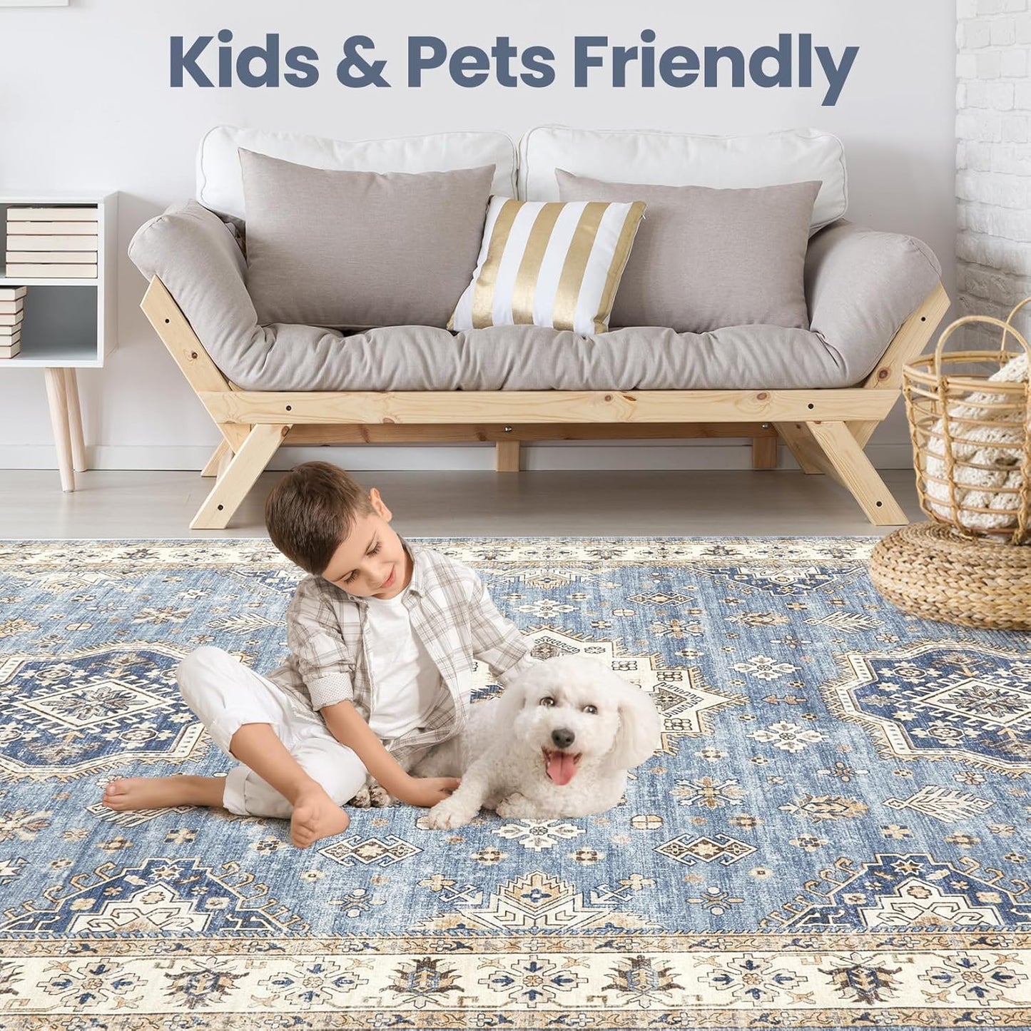 Washable Area Rugs for Living Room -10x13 Neutral Vintage Distressed Floral Farmhouse Boho Large Soft Floor Rug Indoor Non Slip Carpet for Living Room Bedroom Dining Room Office - Blue