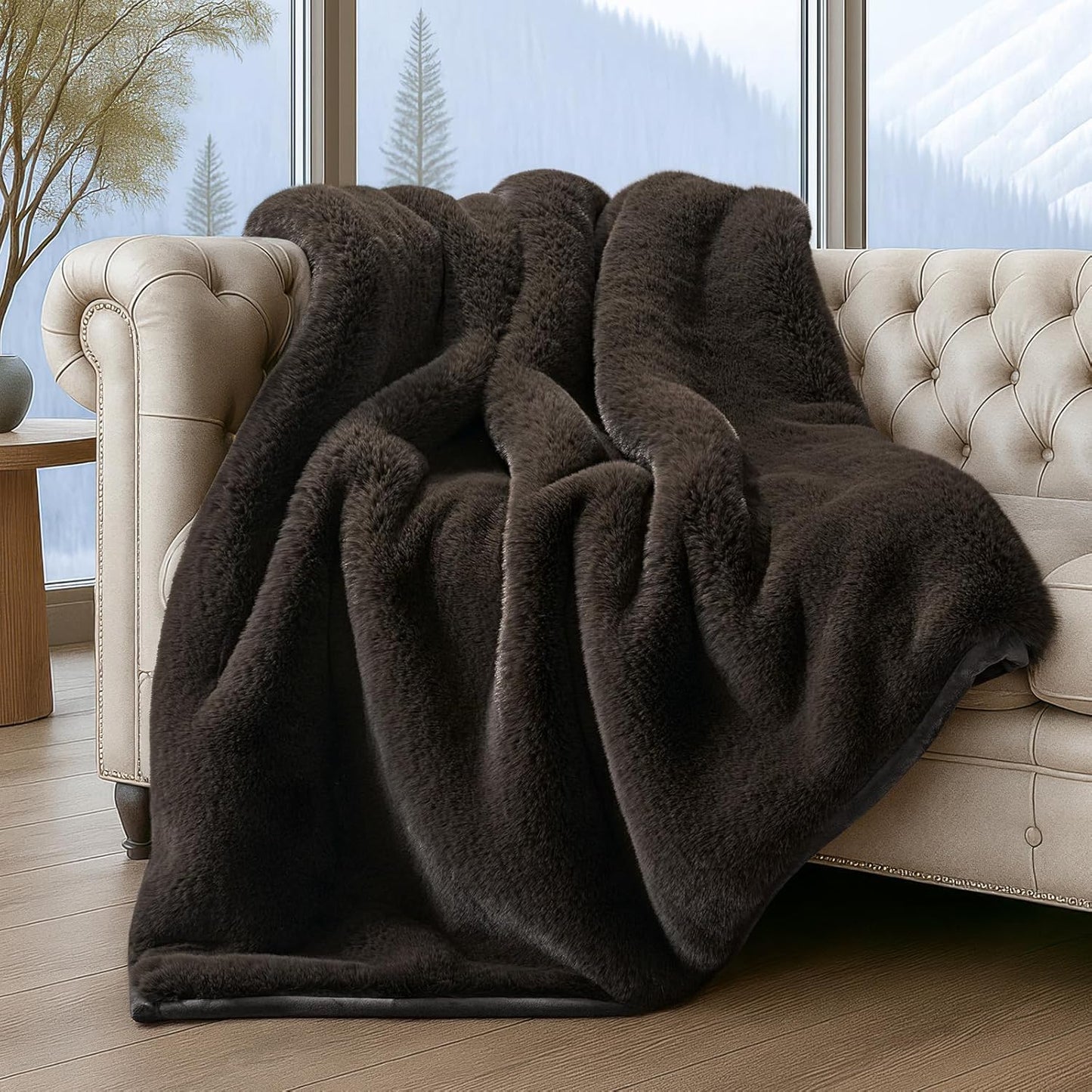 Luxury Soft Faux Chinchilla Fur Throw Blanket for Couch, Warm Thick Heavy Winter Throw Blanket 1220GSM for Bed, Fluffy Cozy Mink Blanket with Reversible Velvet, Espresso Mink, 60"x80"