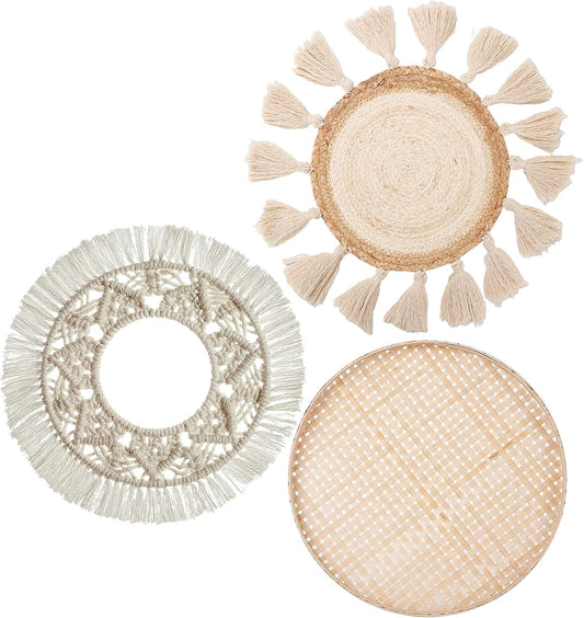 LOCS MICRAI Boho Wall Basket Decor Set of 3 - Flat Woven Basket Wall Hanging Decor,Round Tassels White Macrame Tapestry Wall Decor Art,Handmade Rattan Wicker Seagrass Home Wall Baskets Decor